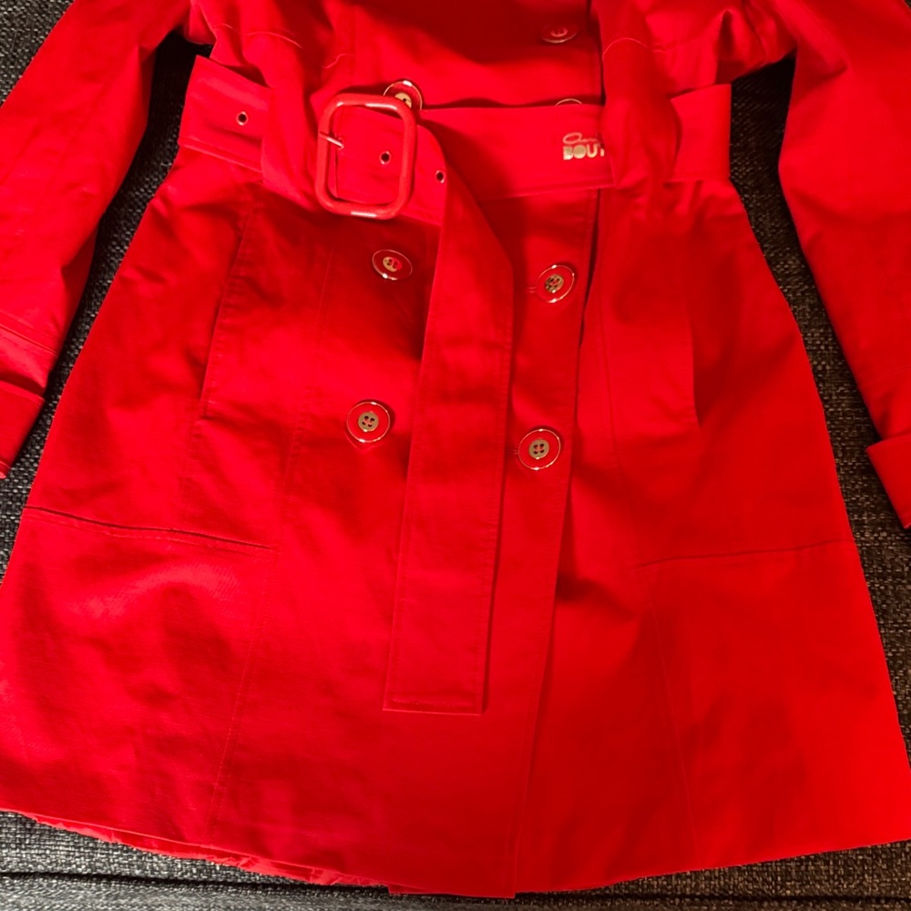 Women's Red Double-Breasted Belted Trench Coat - Picture 6 of 13